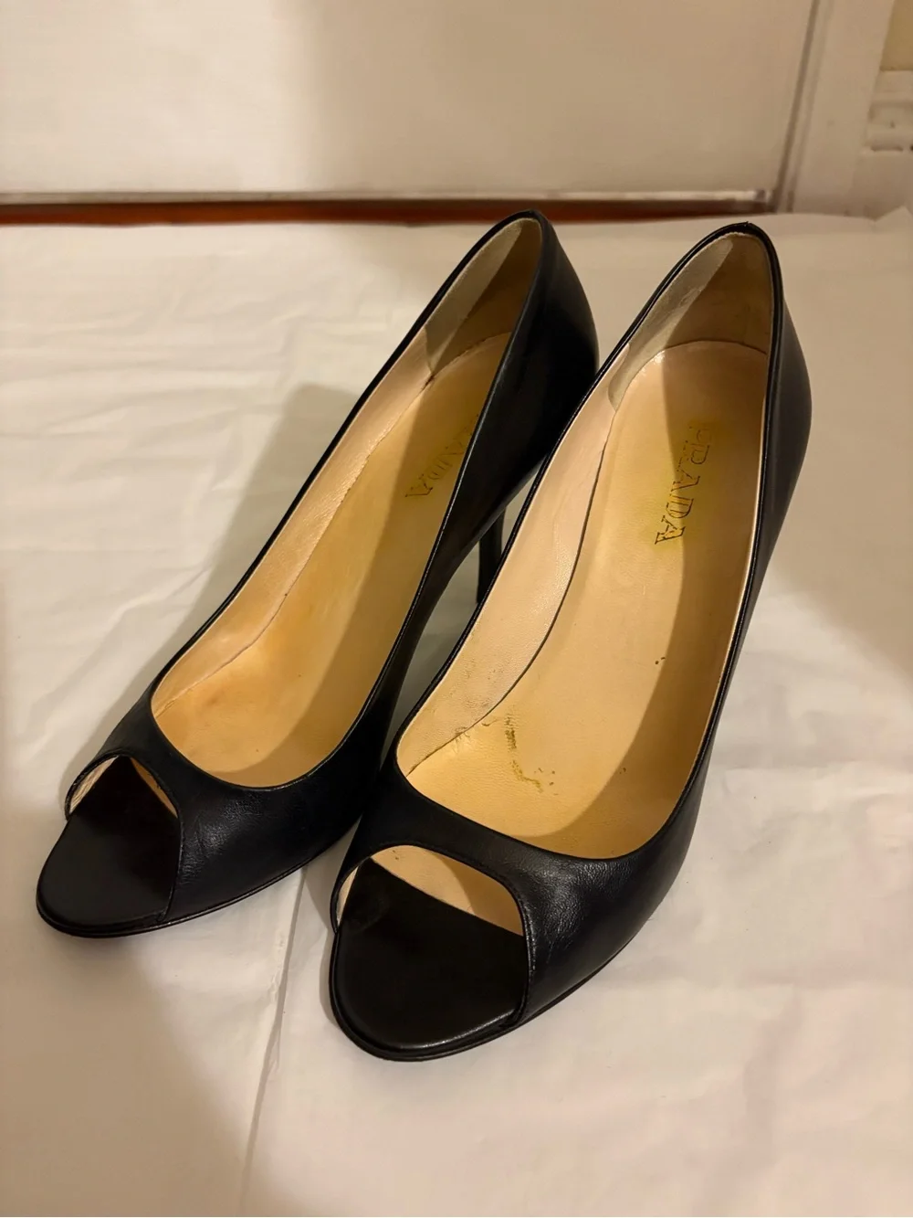 PRADA black leather peep toe heels